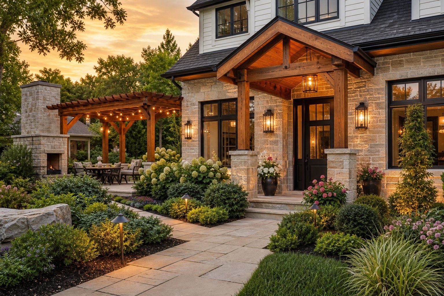 Home Exterior and Garden Renovation with stone facade and landscaped walkway
