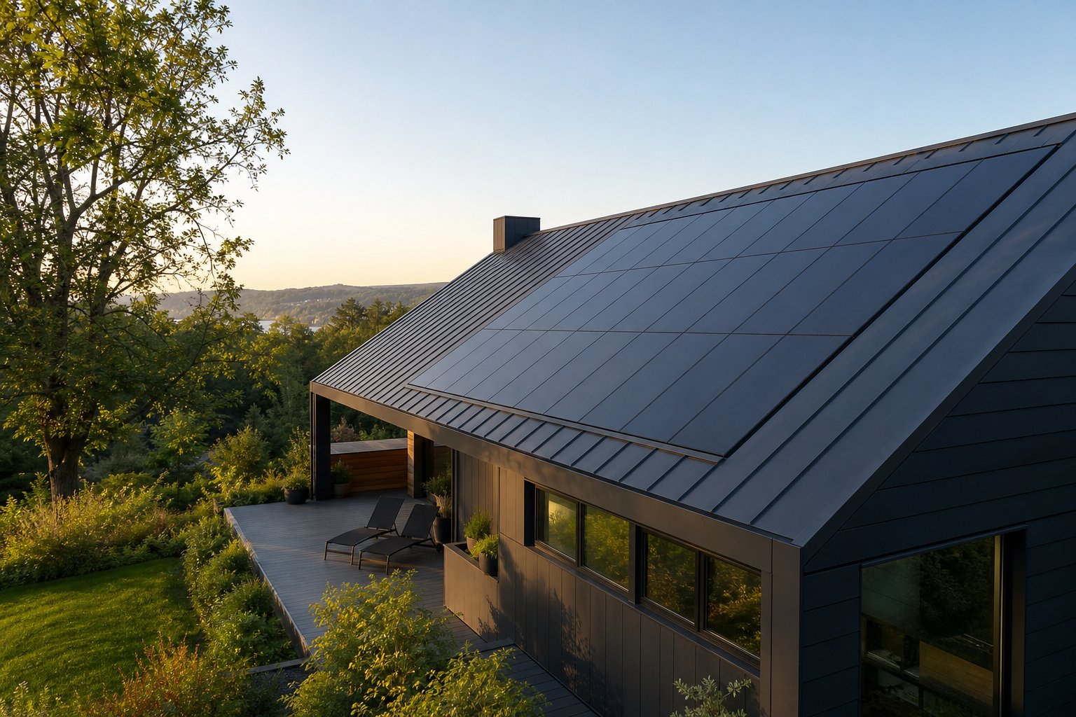 Solar Upgrade featuring flush black rooftop solar panels on modern residence