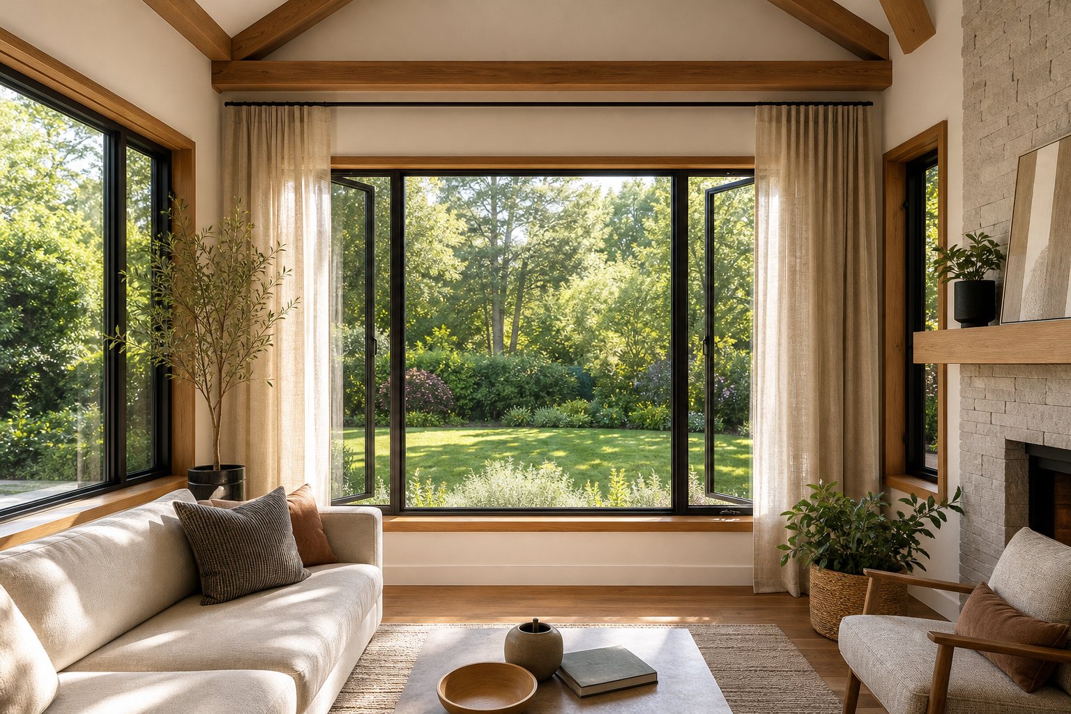 Windows Replacements with slim black architectural frames in sunlit room
